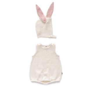 Oeuf Bunny Romper and Bonnet Set in White - Size 6M